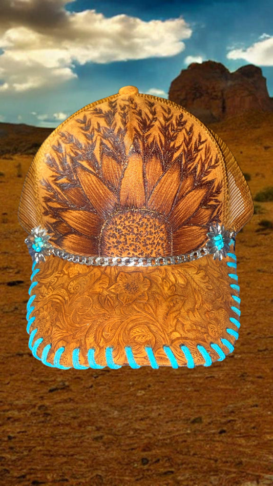 Sunflower tooled stitched cap