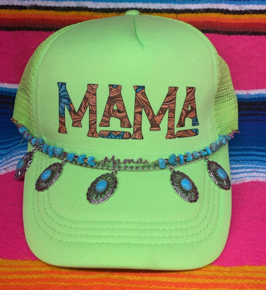 Mama neon green tooled print trucker cap with hat chains mama pendant