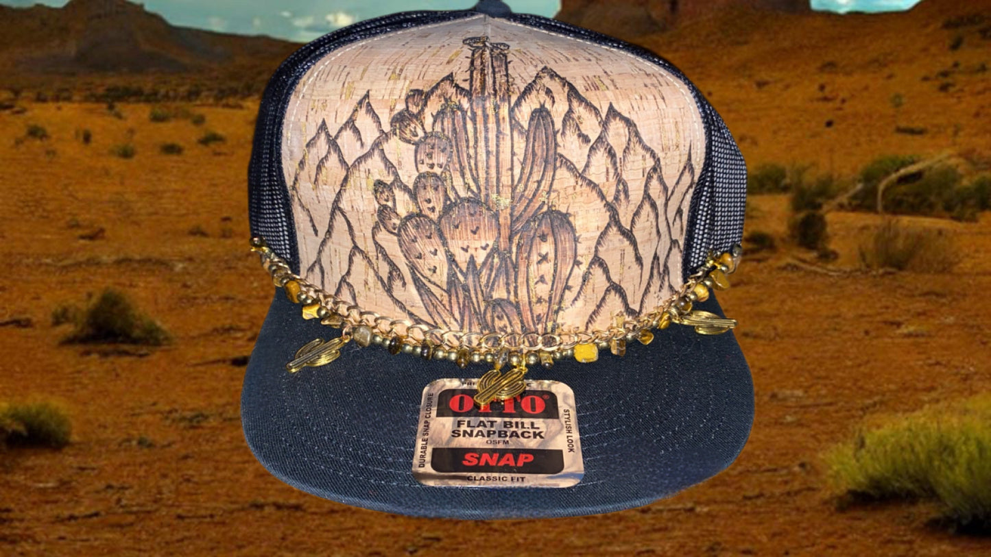 Snap back cactus art burned cap