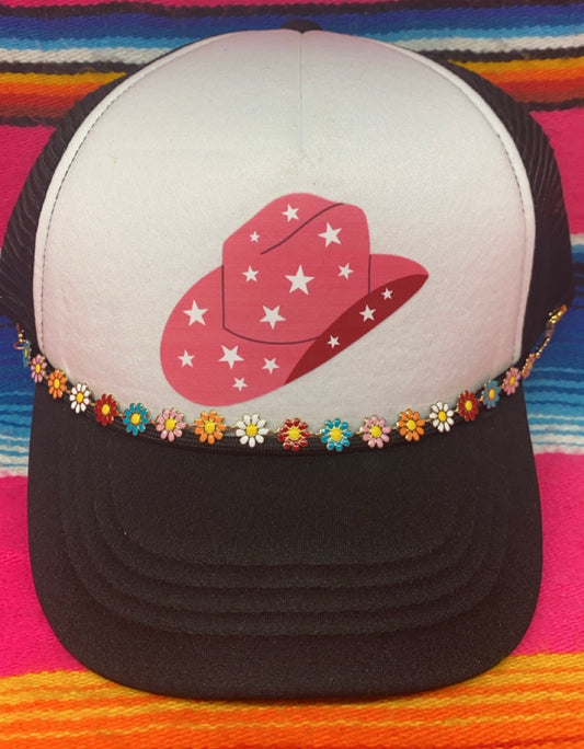 Black cowboy hat “pink” with floral chain